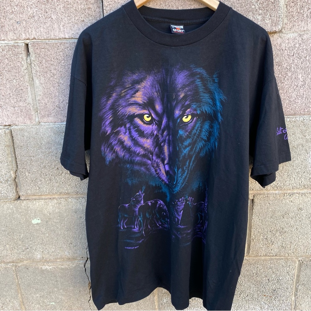 Vintage Habitat Shirt Men XL Black Graphic Wolves Crew Neck Utah Nature